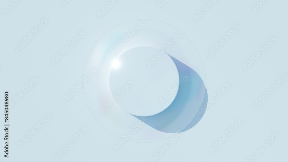 白い背景に円柱の台座とシャボン玉。太陽の光。俯瞰。3D(横長) 白い背景に円柱の台座とシャボン玉。太陽の光。俯瞰。3D(横長)