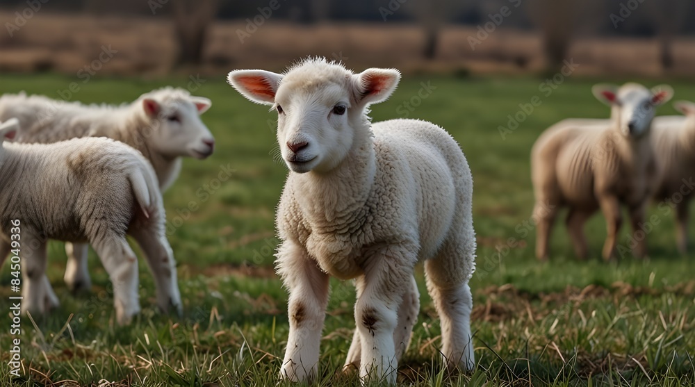 White lamb in field in front of other animals.generative.ai White lamb in field in front of other animals.generative.ai