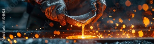 Skilled Metalworker Pouring Molten Metal in a Spark-Filled Casting Process photo