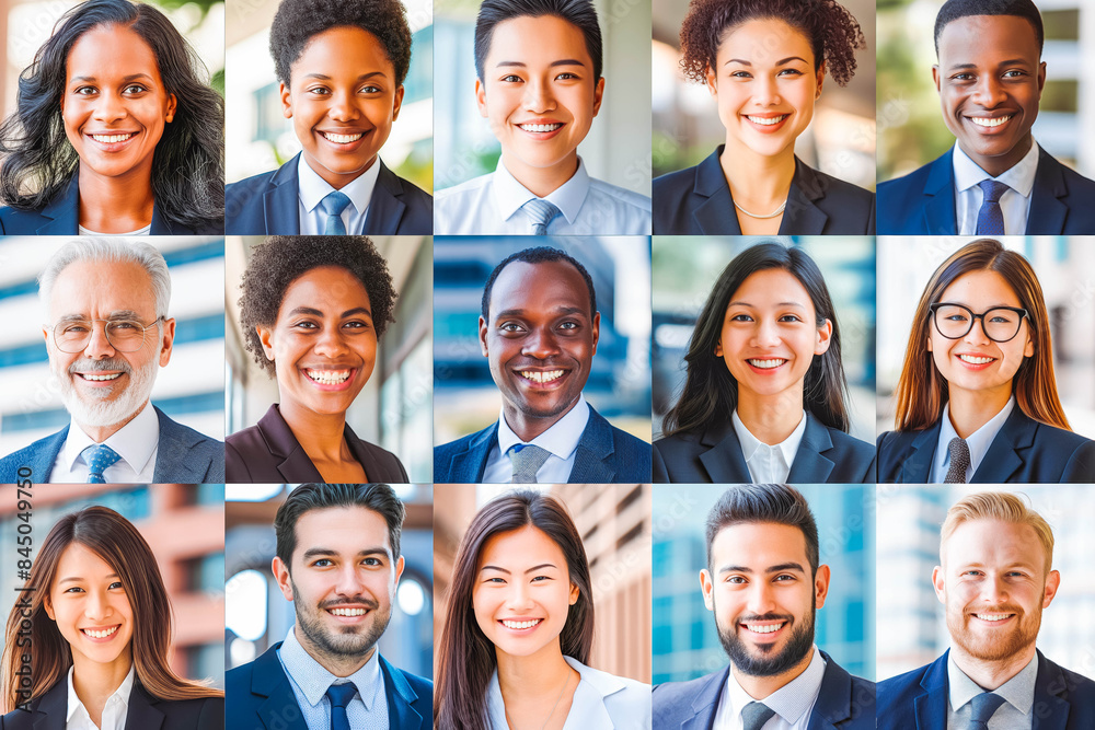 Many smiling multiethnic business people faces headshots collage mosaic. Collage of smiling business people in formalwear looking at camera. Many smiling multiethnic business people faces headshots collage mosaic. Collage of smiling business people in formalwear looking at camera.