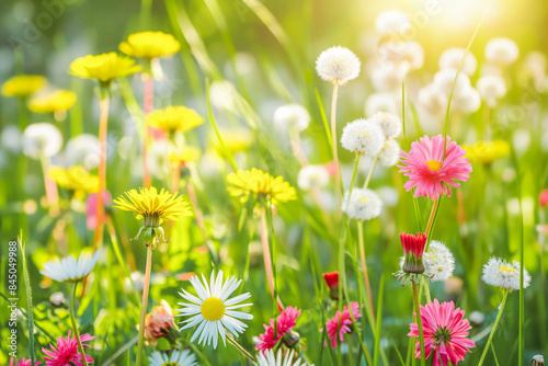 Meadow with lots of white and pink spring daisy flowers and yellow dandelions in sunny day © MVProductions