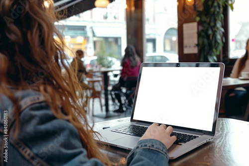 A girl using a laptop with a mockup screen for text.