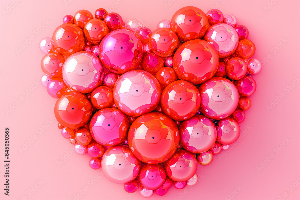 Multicolored Sphere Love Heart. Pink, Red Glass and Red Metallic Spheres arranged in a heart shape. 3D Render