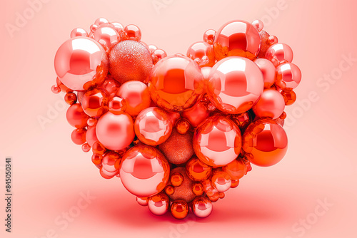 Multicolored Sphere Love Heart. Pink, Red Glass and Red Metallic Spheres arranged in a heart shape. 3D Render