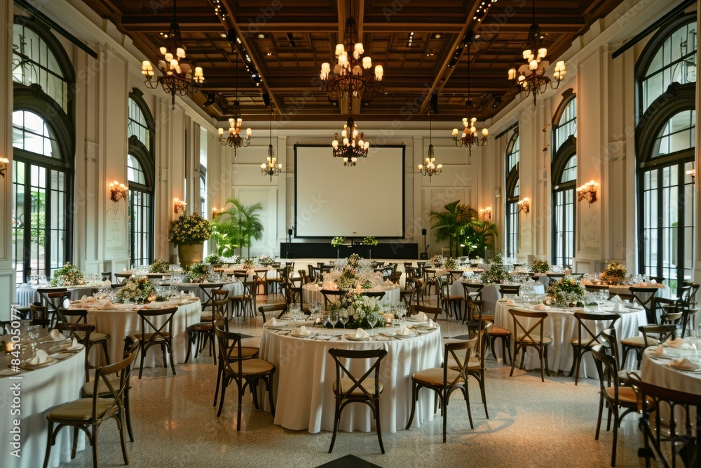 A large banquet hall with tables and chairs set up for a large event