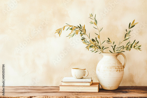 Neutral Mediterranean home design. Textured vase with olive tree branches, cup of coffee. Books on wooden table. Living room still life. Empty wall copy space. © MVProductions