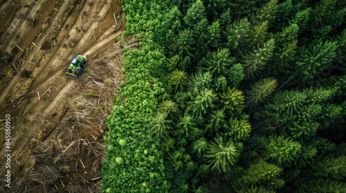 Aerial View of Deforestation and Lush Green Forest - Environmental Impact and Conservation Efforts Highlighted in a Striking Contrast Between Cleared Land and Dense Woodland