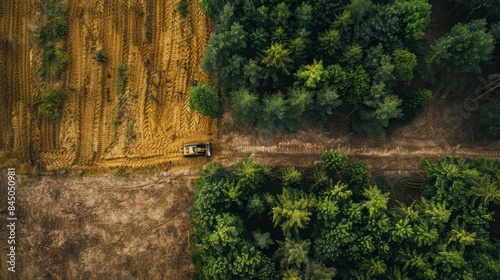 Aerial View of a Forest and Farmland with a Tractor on a Dirt Road Dividing the Two Landscapes, Showcasing the Contrast Between Lush Green Trees and Harvested Fields