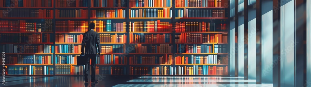 A businessman carrying his briefcase stands in front of rows and columns of colorful bookshelves, with sunlight shining through the window on him, creating an illustration effect A businessman carrying his briefcase stands in front of rows and columns of colorful bookshelves, with sunlight shining through the window on him, creating an illustration effect