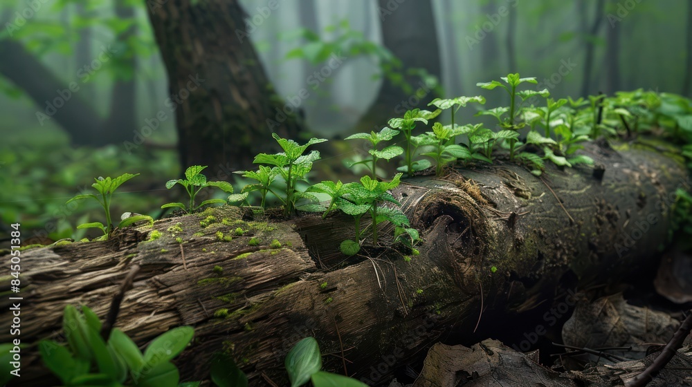 Young shoots wild plants growing on land with decaying wood of tropical rainforest. Young shoots wild plants growing on land with decaying wood of tropical rainforest.