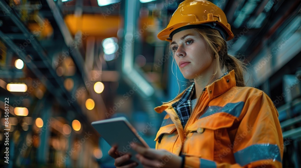 Female engineer in safety gear working on tablet in an industrial factory setting, concentrating on her task. Female engineer in safety gear working on tablet in an industrial factory setting, concentrating on her task.