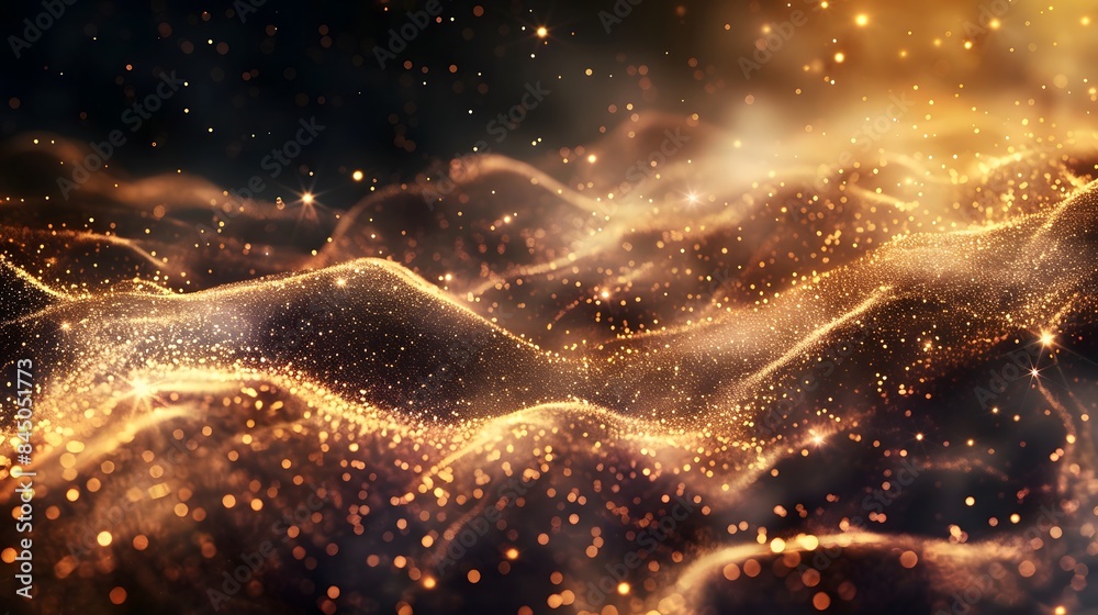 Abstract background shining golden floor ground particles stars dust. Futuristic glittering in space on black background. Abstract background shining golden floor ground particles stars dust. Futuristic glittering in space on black background.