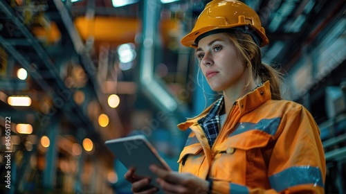 Female engineer in safety gear working on tablet in an industrial factory setting, concentrating on her task.