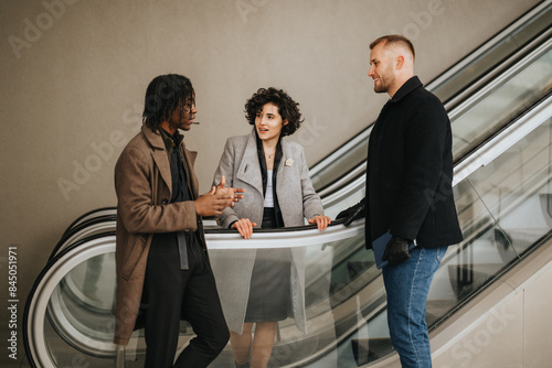 Slika na platnu Three business professionals in stylish attire converse on an escalator, showing teamwork, collaboration, and diversity in a business setting
