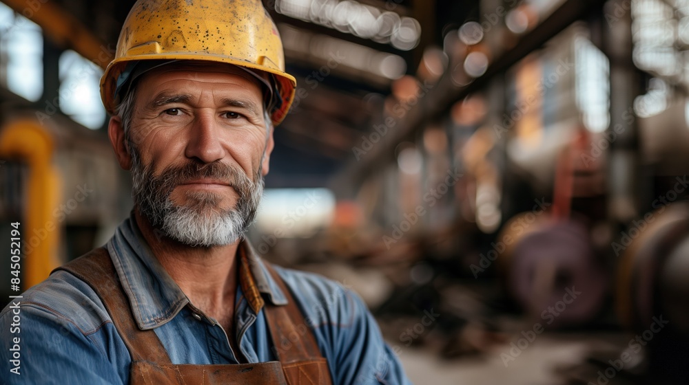 Portrait of a rugged marture working man in a yellow hard hat with a grey beard in a warehouse Portrait of a rugged marture working man in a yellow hard hat with a grey beard in a warehouse