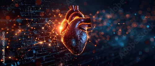 Futuristic visualization of a human heart with glowing holographic elements, depicting advanced medical technology and innovation.