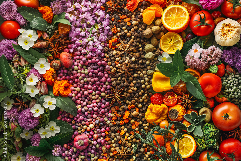 Fototapeta premium Panorama spices and herbs for food labels. Seasonings and flavors background