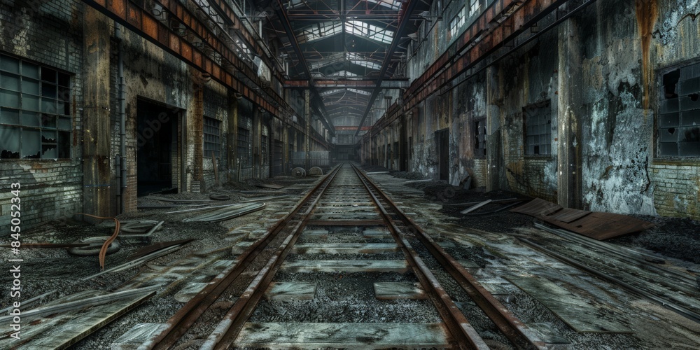 A dark and eerie view down a long, empty corridor of an abandoned industrial building, featuring train tracks that run through the center A dark and eerie view down a long, empty corridor of an abandoned industrial building, featuring train tracks that run through the center