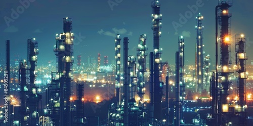 Wallpaper Mural A nighttime view of a refinery with tall, illuminated towers and a sprawling cityscape in the background Torontodigital.ca
