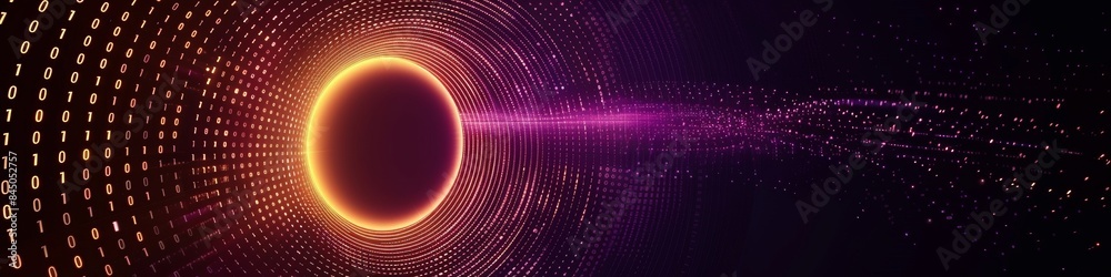 An abstract technology circle made with code in vibrant light on a black background. An abstract technology circle made with code in vibrant light on a black background.
