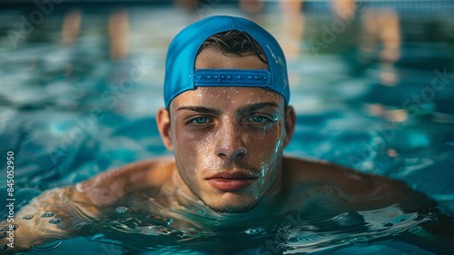  a scene where a male swimmer navigates through the pool, his head adorned with a bright blue cap