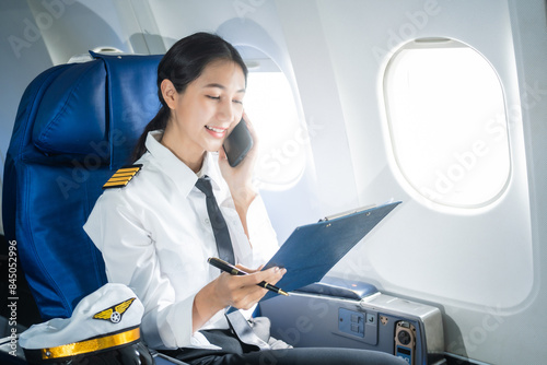 A female pilot in a blazer with epaulettes leans forward in the passenger seat of the airplane cockpit, checking the flight plan before takeoff, ensuring all pre-flight checks are complete. photo