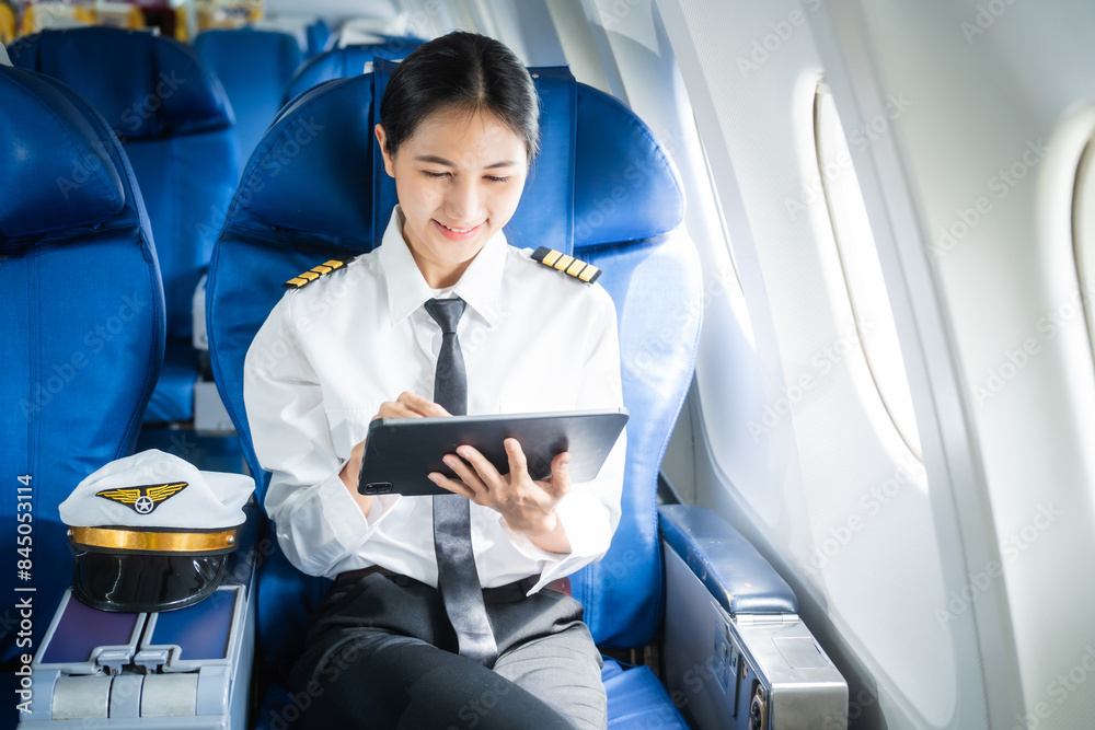 A female pilot in a blazer with epaulettes leans forward in the passenger seat of the airplane cockpit, checking the flight plan before takeoff, ensuring all pre-flight checks are complete. A female pilot in a blazer with epaulettes leans forward in the passenger seat of the airplane cockpit, checking the flight plan before takeoff, ensuring all pre-flight checks are complete.