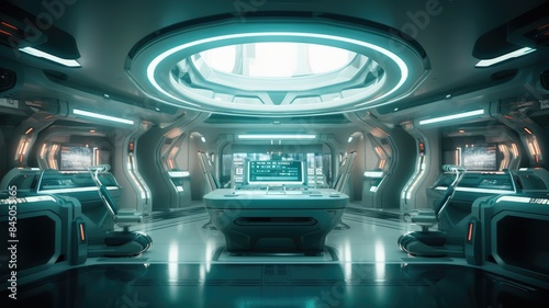 Futuristic spaceship interior with blue. Sci-fi control room concept art. A futuristic room with a glowing orb in the center. Research lab or space station decorated with blue neon color. AIG35. © Summit Art Creations