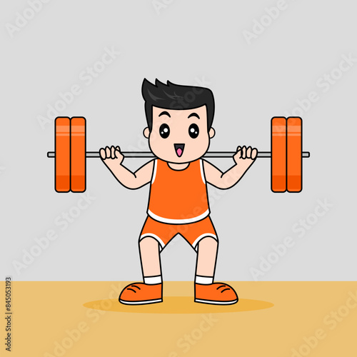 Vector design of little boy Lifting Barbell. Work out at the gym.