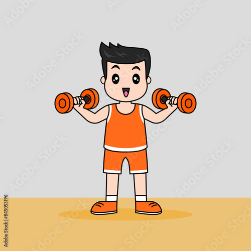 Vector design of little boy Lifting Barbell. Work out at the gym.