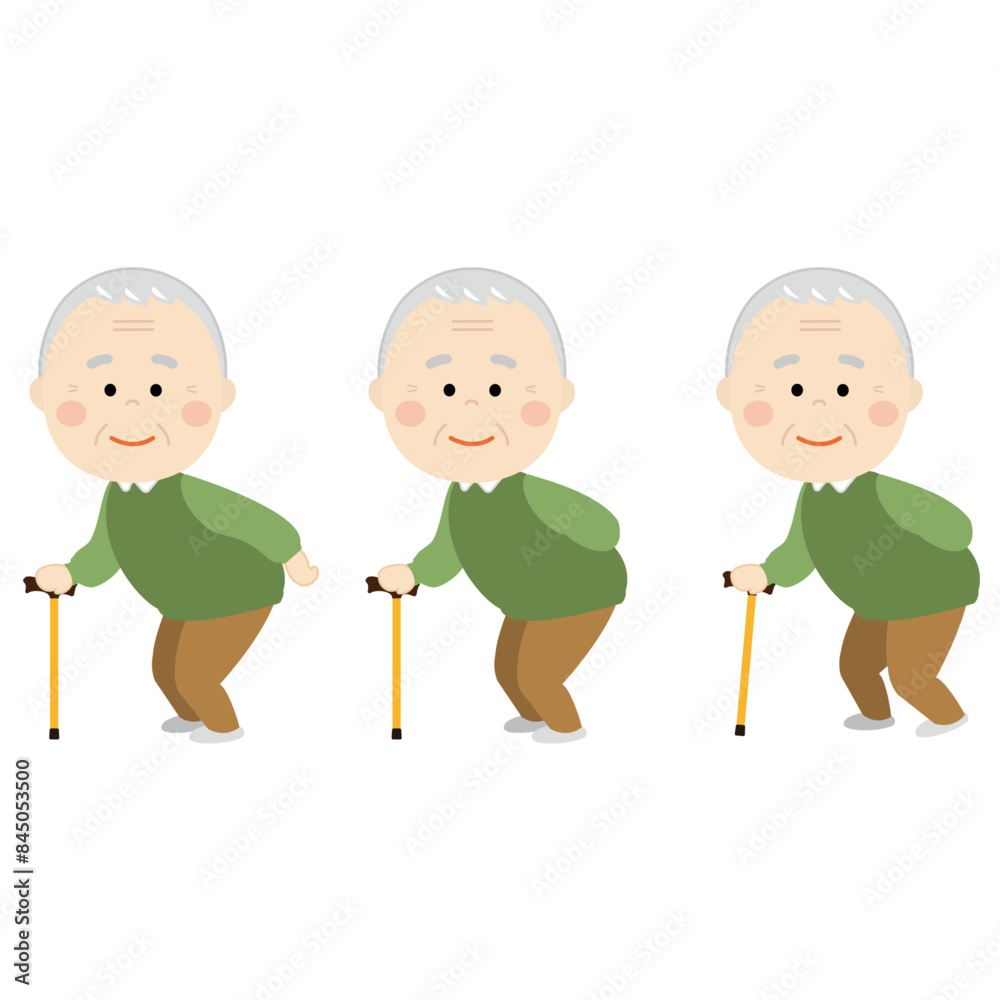 杖をついた高齢男性のイラストセット