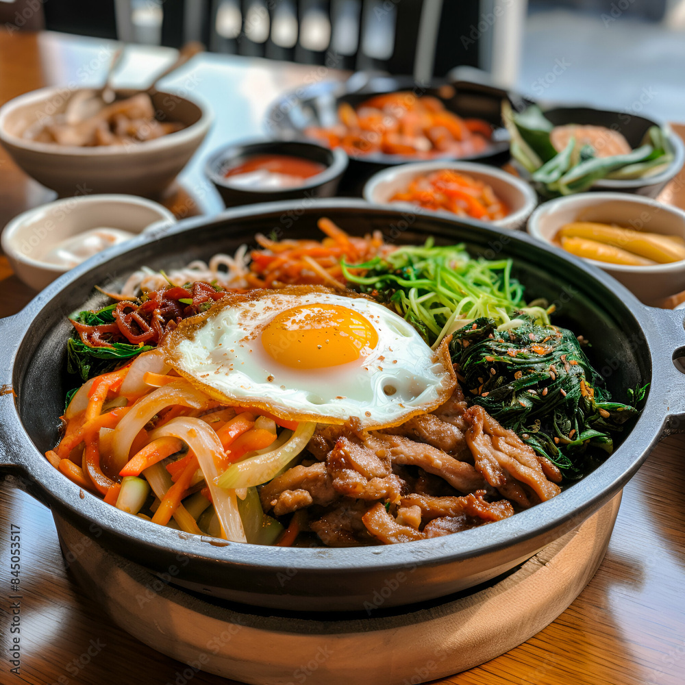 Traditional Korean dish bibimbap with fried egg, beef and vegetables Traditional Korean dish bibimbap with fried egg, beef and vegetables