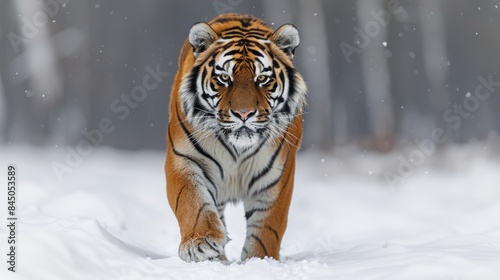 A striking image of a Siberian Tiger in a snowy forest  highlighting its majestic presence and endangered status against a simple white backdrop  Created with Generative AI.