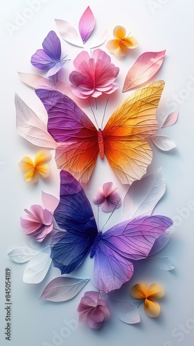Whimsical paper garden, exquisite butterfly and floral sculptures. crafted with care, illustrating dreams and romance, perfect for banner displays with organic charm