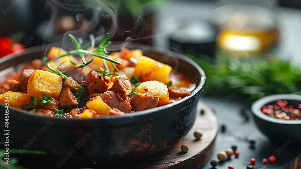 Steaming Hot German Eintopf Stew with Meat and Vegetables on Rustic Wooden Table Steaming Hot German Eintopf Stew with Meat and Vegetables on Rustic Wooden Table