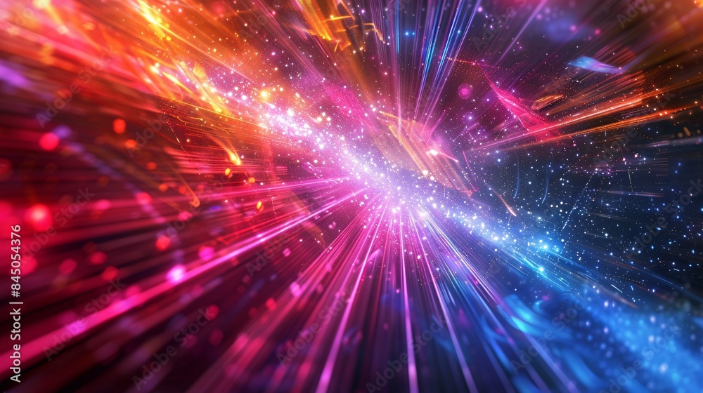 Obraz premium Neon light beams radiate outward, creating a sense of depth and dimensionality in this abstract digital landscape, Generative AI