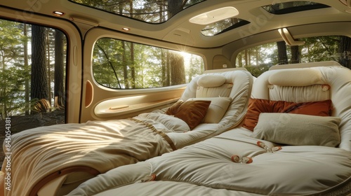 A van with a bed and pillows and a lighted canopy