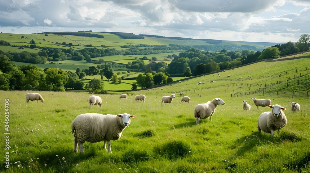 Serene Pastoral Scene with Sheep Grazing in Picturesque English Countryside Landscape Serene Pastoral Scene with Sheep Grazing in Picturesque English Countryside Landscape