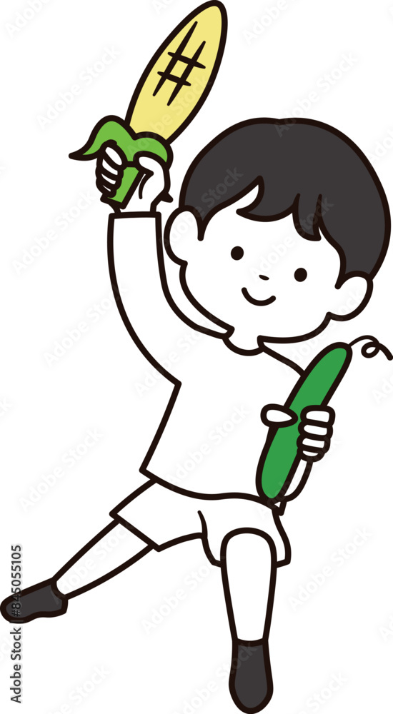 有機野菜のトウモロコシとキュウリを持っている小学生の男の子の全身イラスト素材
有機野菜のトウモロコシとキュウリを持っている小学生の男の子の全身イラスト素材