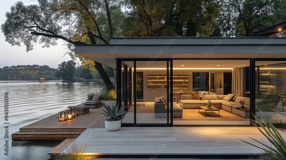 Fototapeta premium Serene Blue Container Homes by the Lake