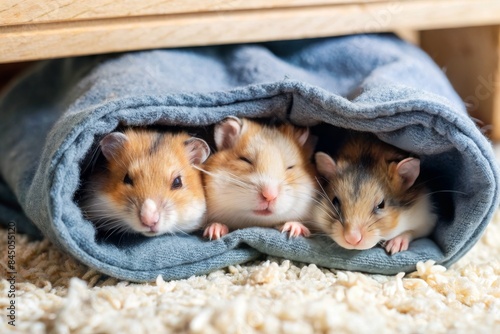 Three hamsters are curled up in a blanket