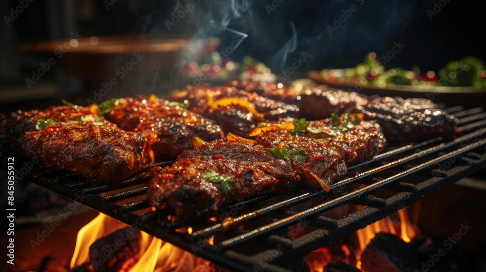 Realistic grilled barbeque with melted barbeque sauce and cut vegetables, black and blur background Realistic grilled barbeque with melted barbeque sauce and cut vegetables, black and blur background