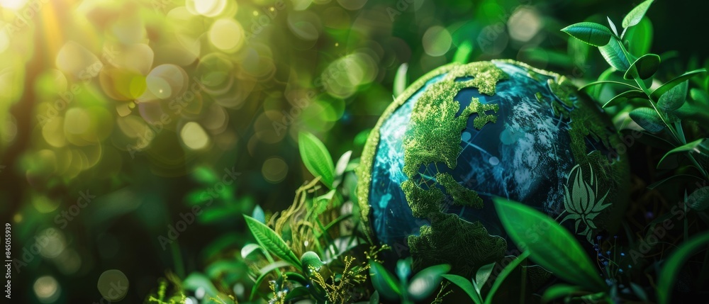 Earth day concept with a globe and lush green plants, symbolizing environmental sustainability Earth day concept with a globe and lush green plants, symbolizing environmental sustainability