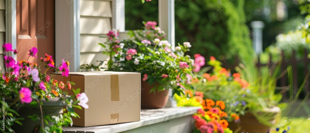 A cardboard box on a residential porch with vibrant flowers and a well-maintained garden, highlighting a reliable delivery service
