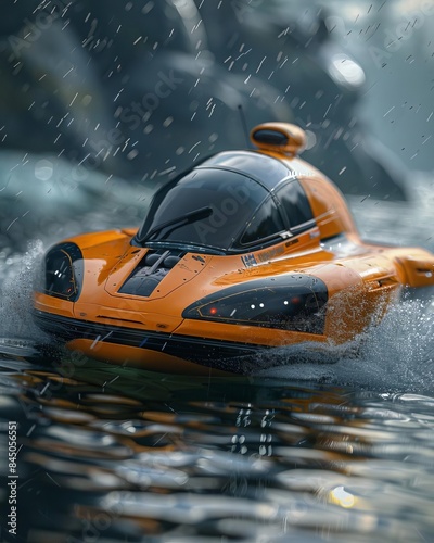 Wallpaper Mural High-speed orange boat navigating through water, splashing with powerful motion against a rocky background under rain. Torontodigital.ca