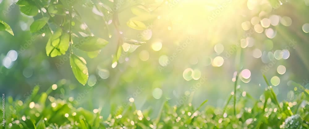 Spring summer background with a frame of grass and leaves on nature. Juicy lush green grass on meadow with drops of water dew sparkle in morning light outdoors close-up Spring summer background with a frame of grass and leaves on nature. Juicy lush green grass on meadow with drops of water dew sparkle in morning light outdoors close-up