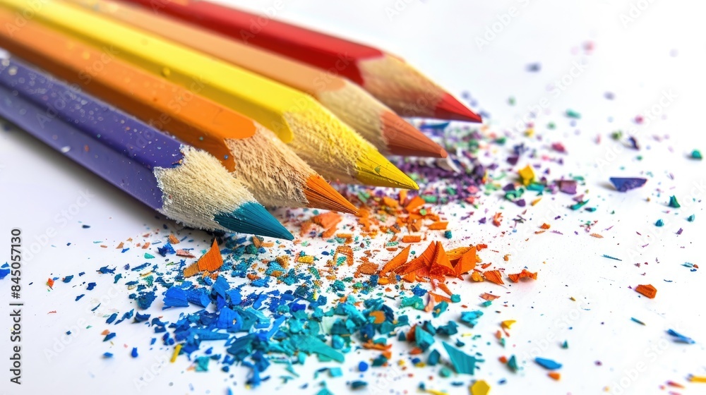 Color pencils with shavings on white backdrop Color pencils with shavings on white backdrop