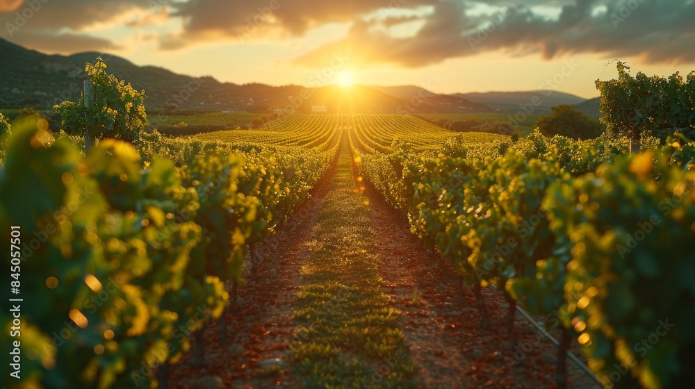 Naklejka premium grapes growing in a beautiful green vineyard at dusk