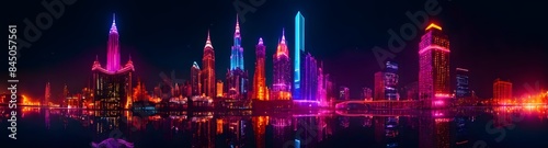 Neon night city of the future. Night panorama of the city, neon light, lights of a large metropolis, high-rise buildings., neon illustration.