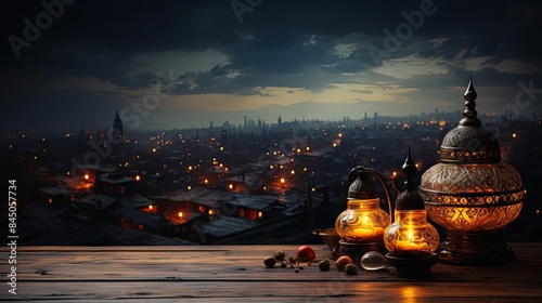 Ramadan lamp on wooden board with sunset background for banner or poster